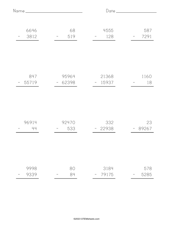 Subtraction with Regrouping Worksheet Maker example